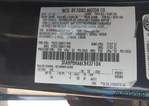 2012 Ford Fusion Se из США, поврежденный, VIN 3FAHP0HA6CR437104